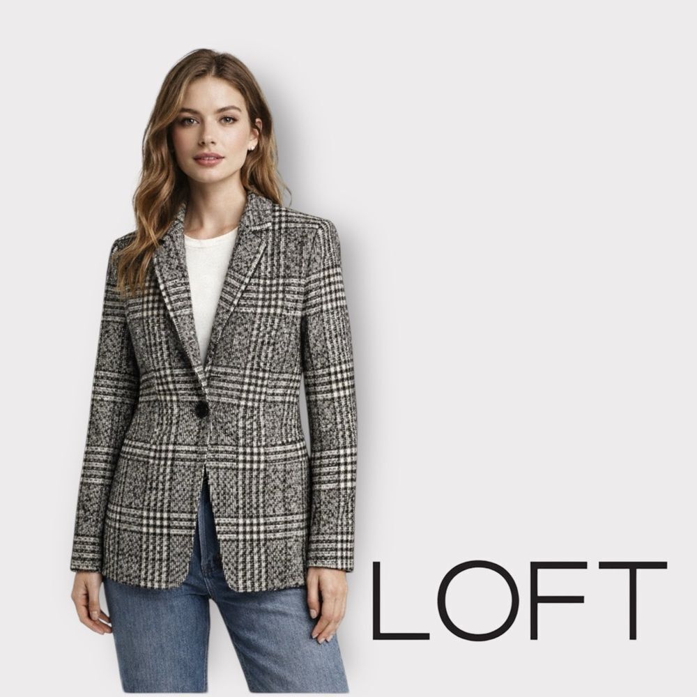 LOFT Black & White Glen Check Wool Blend Long Sleeve Tailored Blazer Women Sz 6